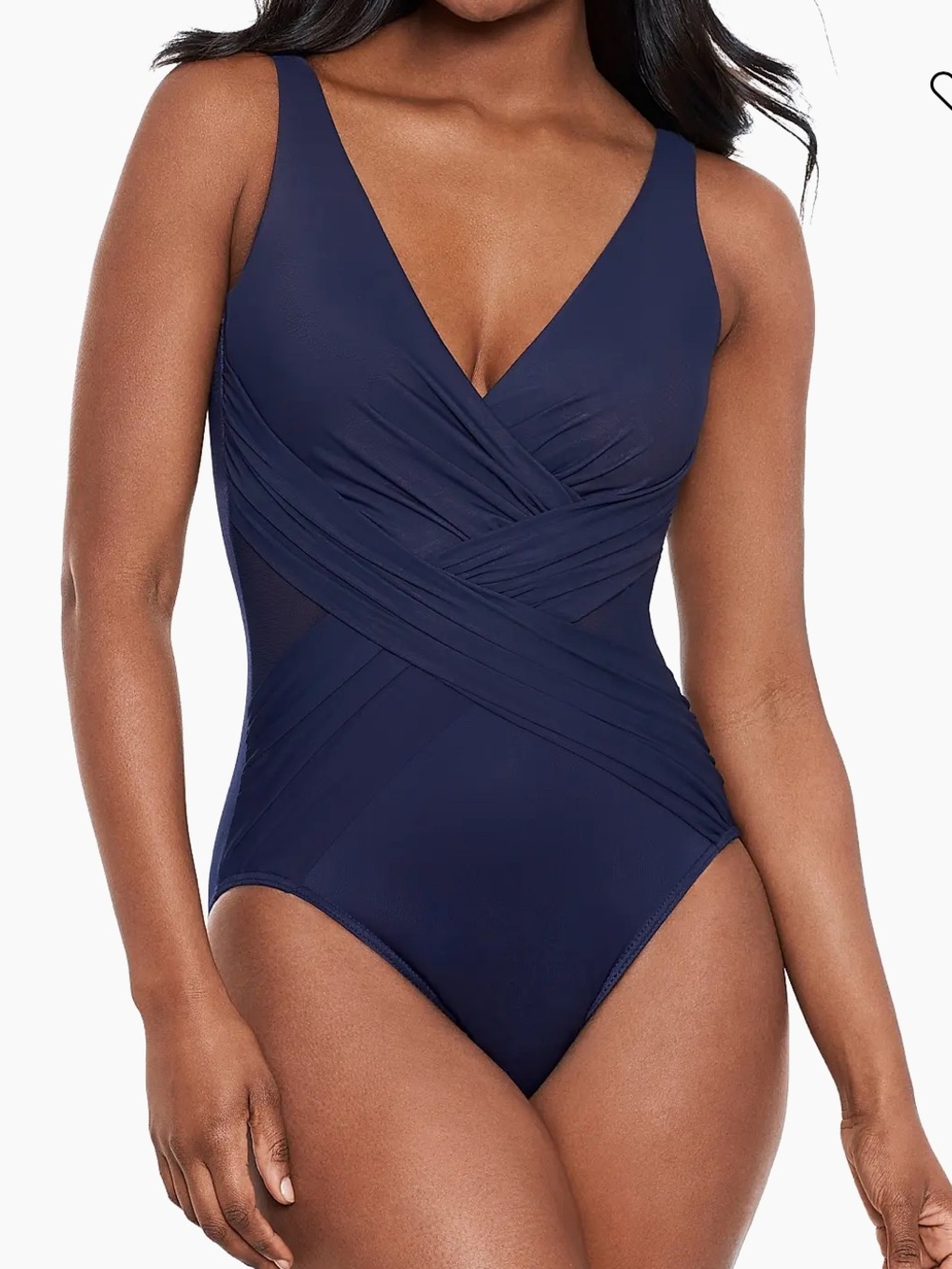 NWOT Miraclesuit Illusionists Cross-Over One-Piece Swimsuit Navy Blue Sz 14